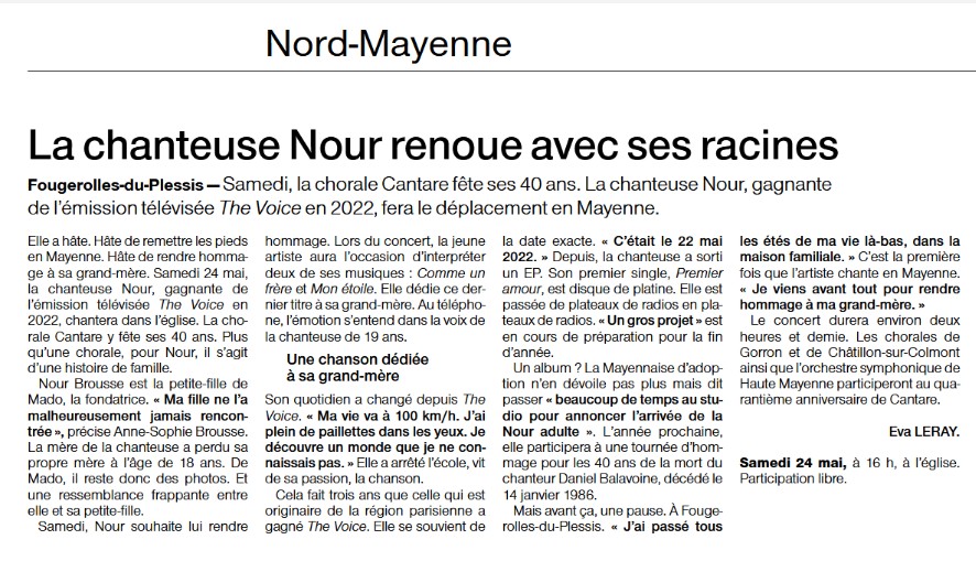 Article du journal Ouest-France du 23 mai 2025 "La chanteuse Nour renoue avec ses racines"