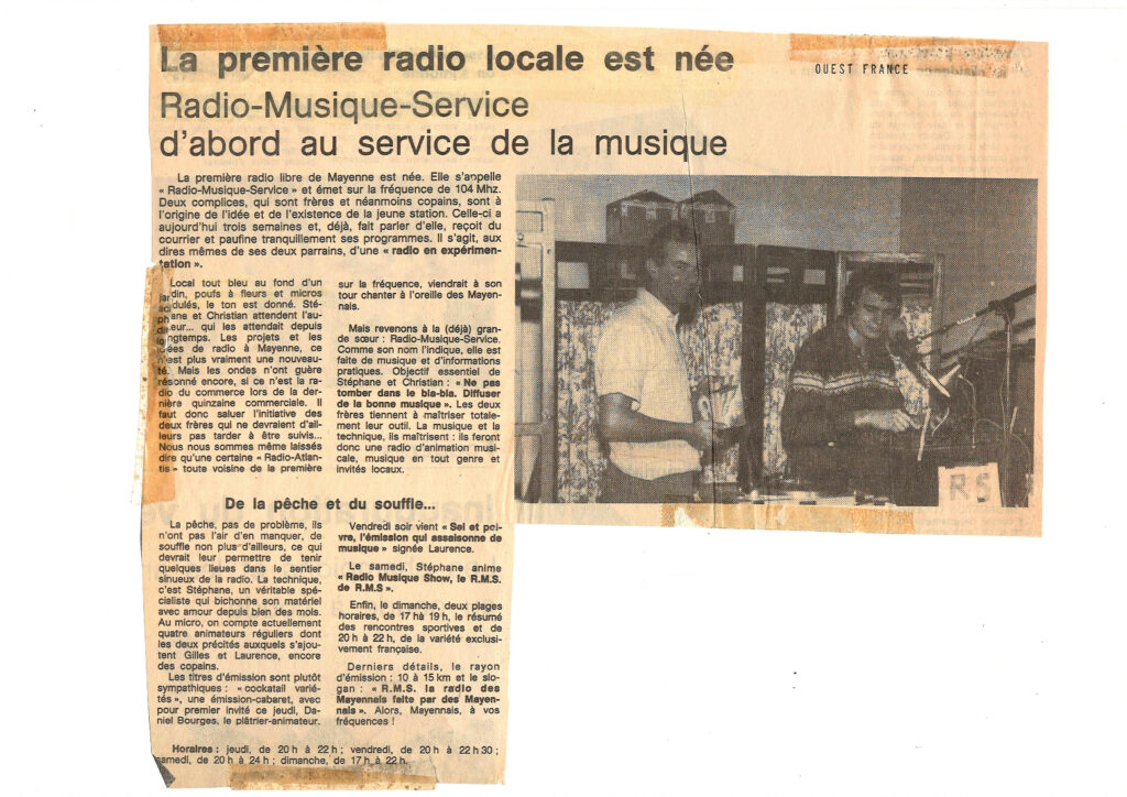 Article du quotidien Ouest-France avril 1984.sur la radio locale associative RMS